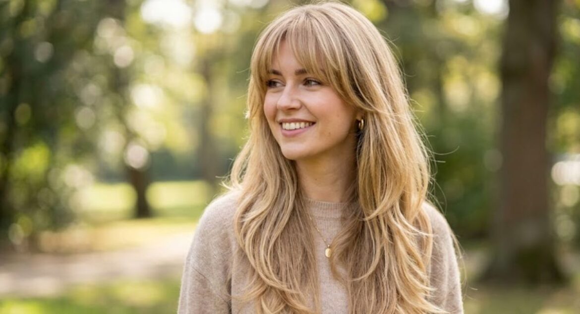 Long blonde hair with layers and bangs