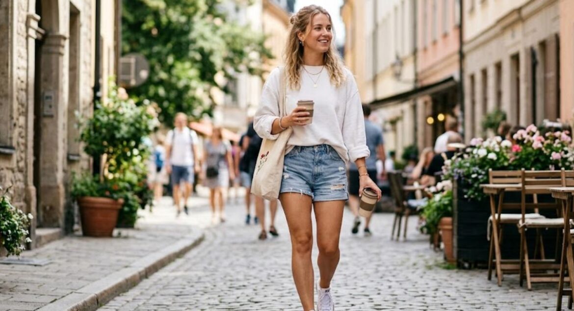 White Sweatshirt Outfit Women Summer