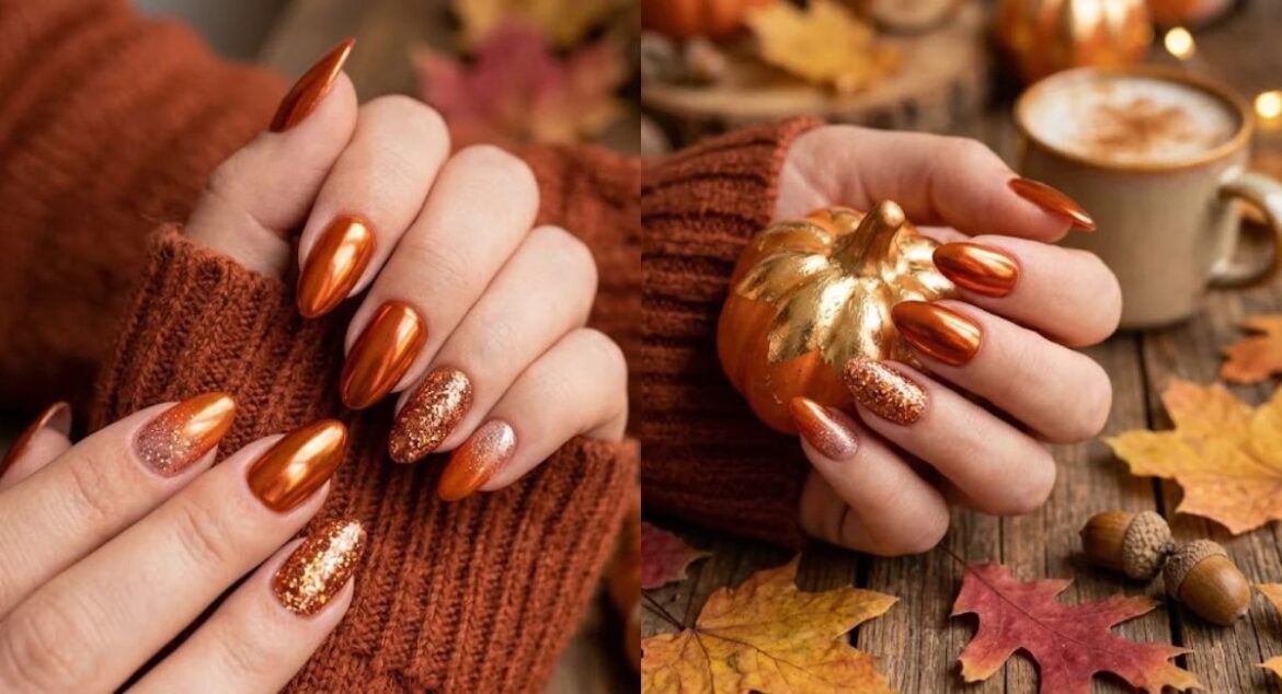 Chrome fall nail designs with glitter