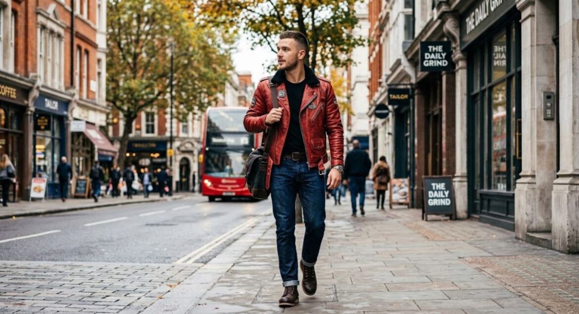 red leather jacket outfit men
